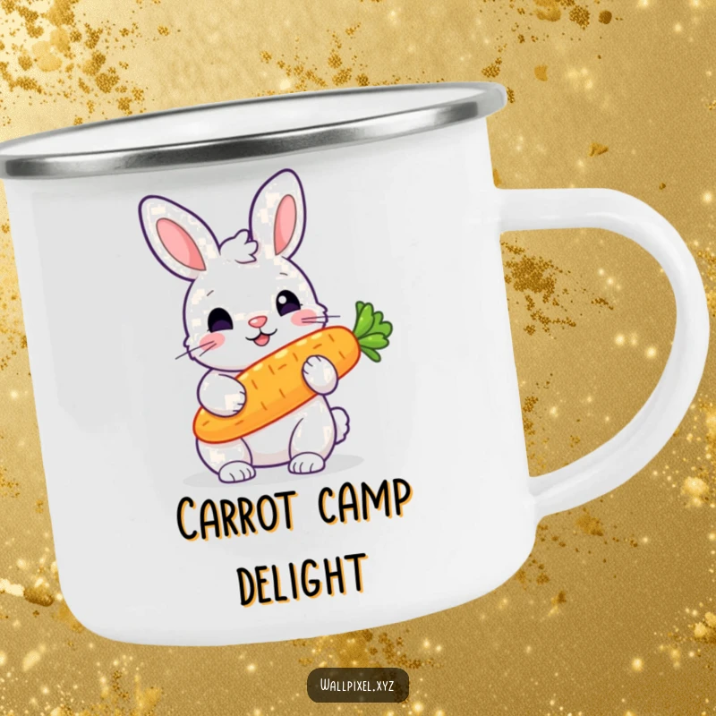 Funny camping mug with a pixelated rabbit holding a glowing pixelated carrot, perfect for enjoying drinks on retro adventures.