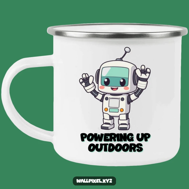 Funny Pixel Robot Wave Camping Mug: Retro Adventure Fuel for Geeks