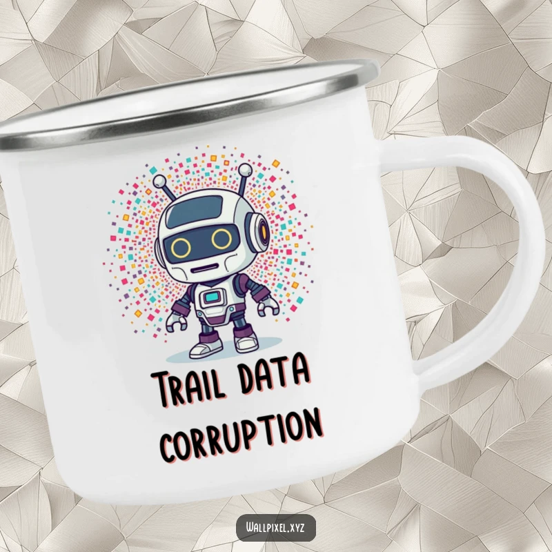 Funny Retro Robot Camping Mug: A sturdy outdoor mug with a retro robot character surprised by an explosion of colorful pixels.
