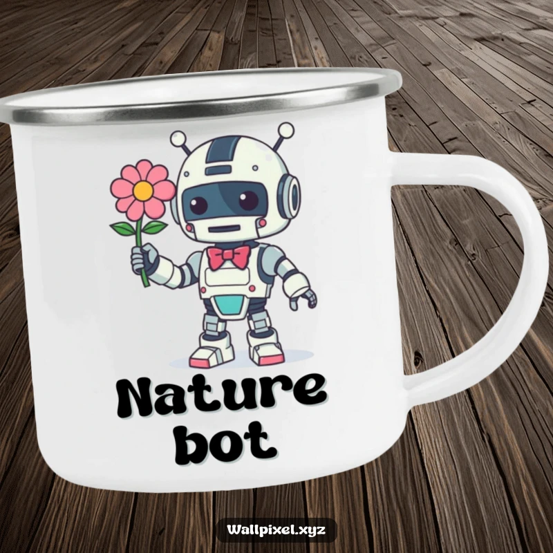 Funny Retro Robot Camping Mug: Vintage robot offers a pixelated flower with a bow, perfect for outdoor adventures.