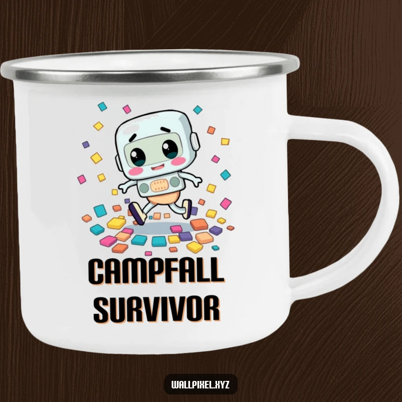 Funny camping mug with a retro character tripping, scattering colorful squares, a humorous companion for outdoor trips.