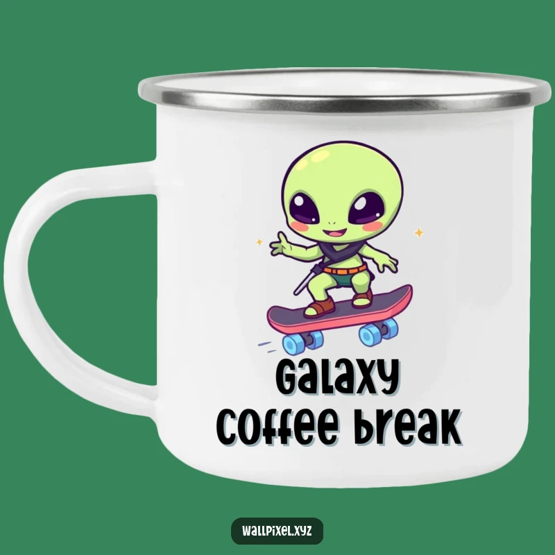 Funny Pixelated Alien Skater Camping Mug - Your Adventure's Sci-Fi Companion Gift!