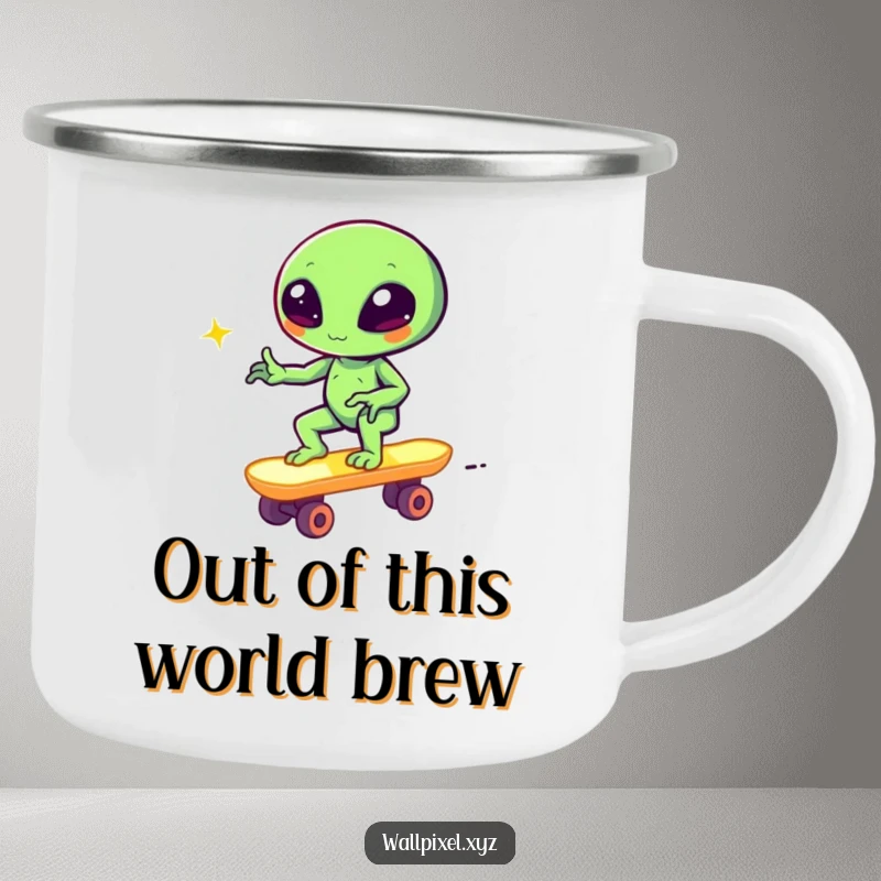 Funny pixel alien winking on a retro block skateboard, durable camping mug, humorous outdoor gear.