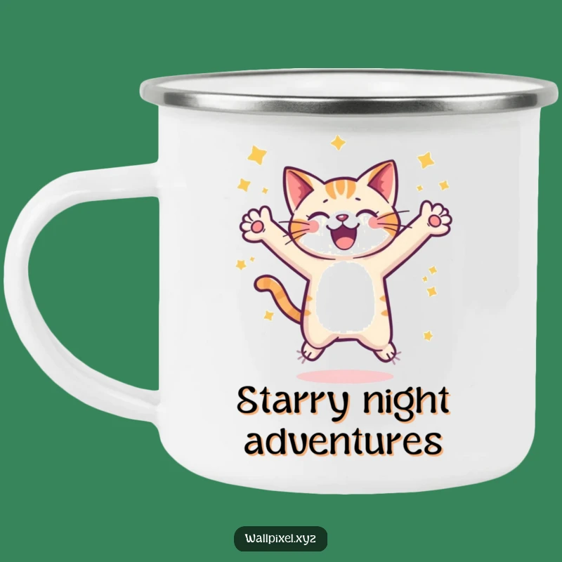 Funny Pixel Cat Leap Camping Mug: Retro Adventure Fuel for Gamers