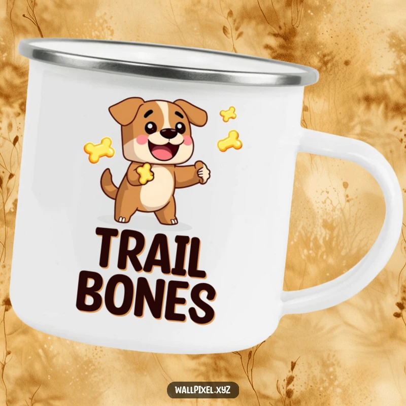 Funny Pixel Dog Camping Mug: Retro 8-bit blocky dog happily juggles glowing pixelated bones, perfect for outdoor fun.