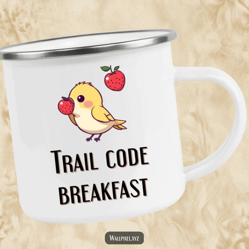 Funny pixel art camping mug showing a small, angular bird character pecking at a pixelated berry, bringing retro gaming vibes to outdoor adventures.