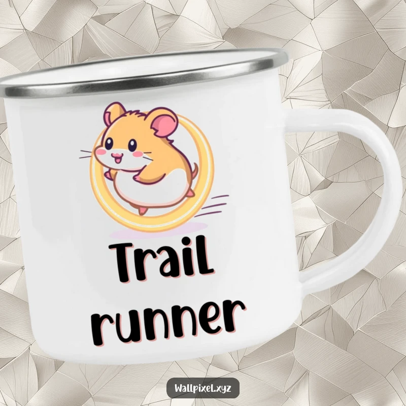 Funny Pixel Hamster Camping Mug: Pixelated hamster runs on a glowing wheel, perfect for energetic outdoor adventures.