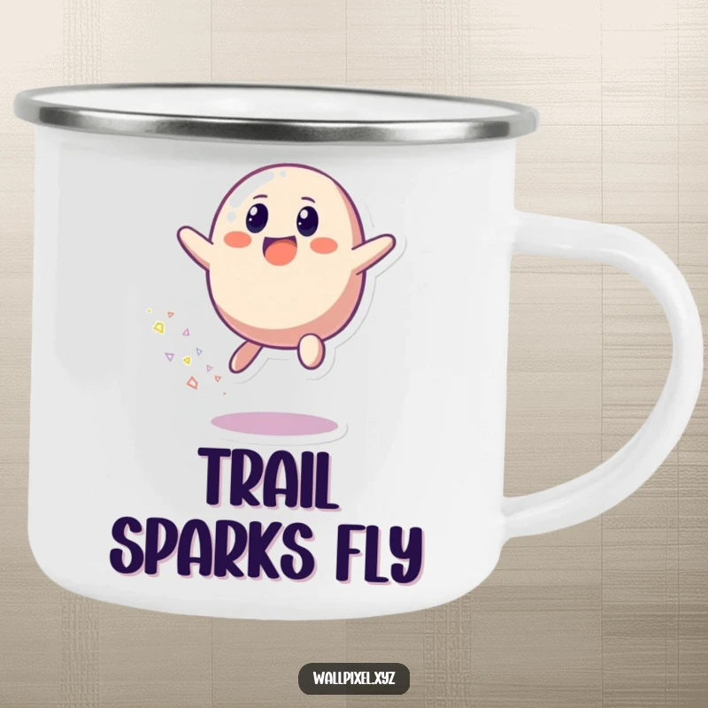 Funny camping mug featuring a pixelated blob character bouncing with joy, trailing bright pixels, ideal for outdoor fun.