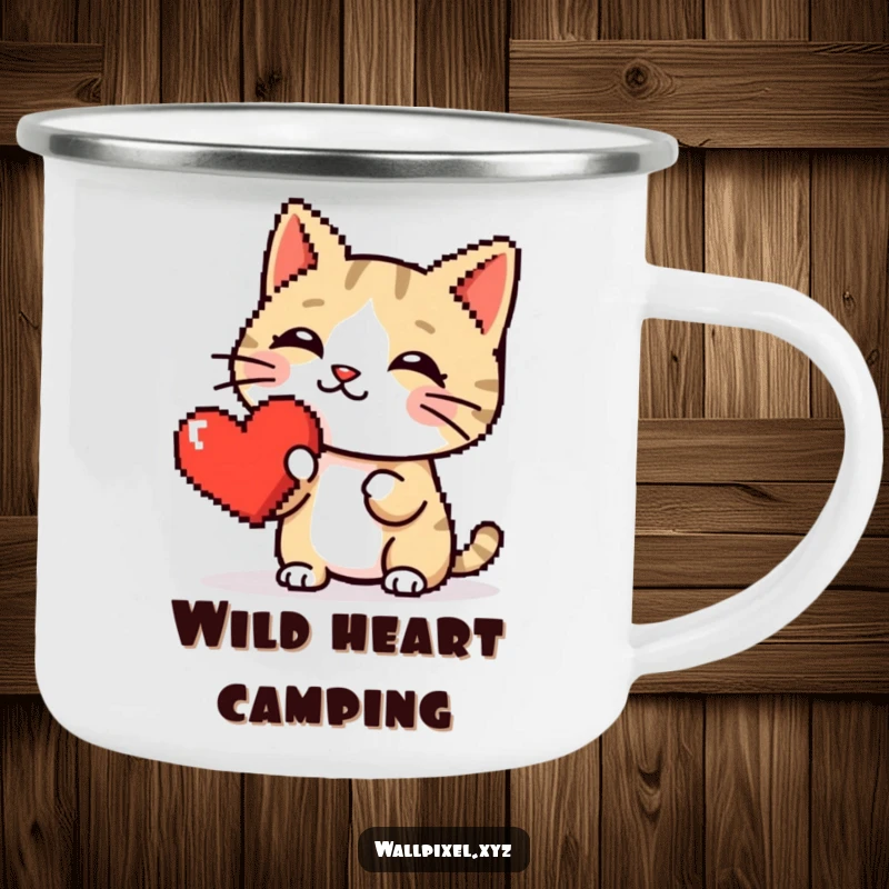 Funny camping mug featuring a pixelated cat booping a red pixel heart, ideal for retro gaming fans on the go.