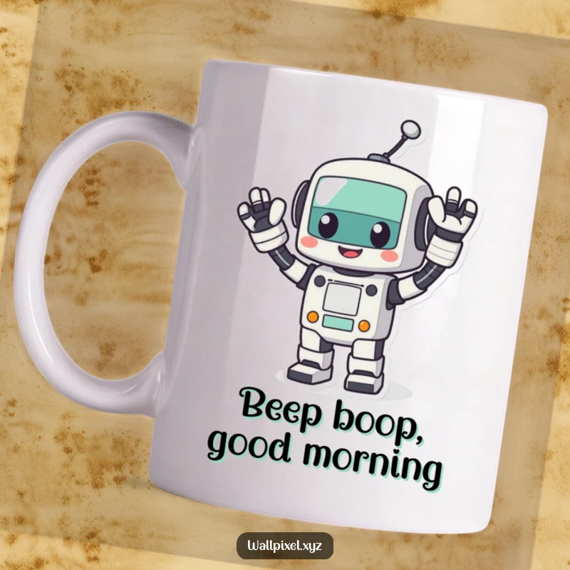 Funny pixel robot mug, a cheerful blocky robot waving energetically, embodying retro tech and friendly greetings.