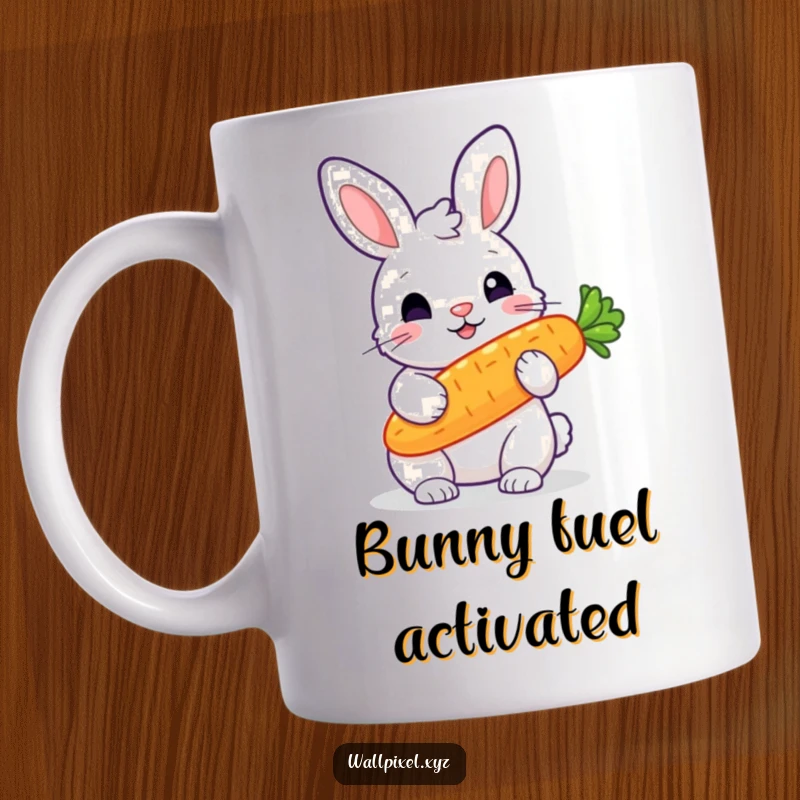 Funny mug featuring a chunky, pixelated rabbit holding a vibrant, glowing pixelated carrot, radiating retro excitement.