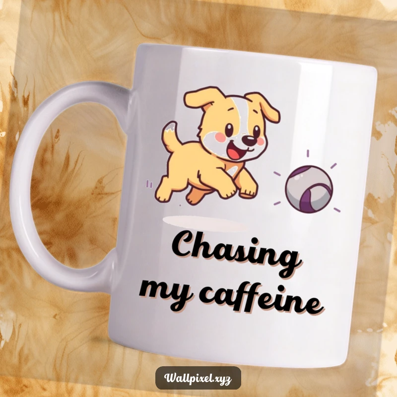 Funny mug showing a pixelated dog in hot pursuit of a bouncing pixelated ball, capturing playful energy.