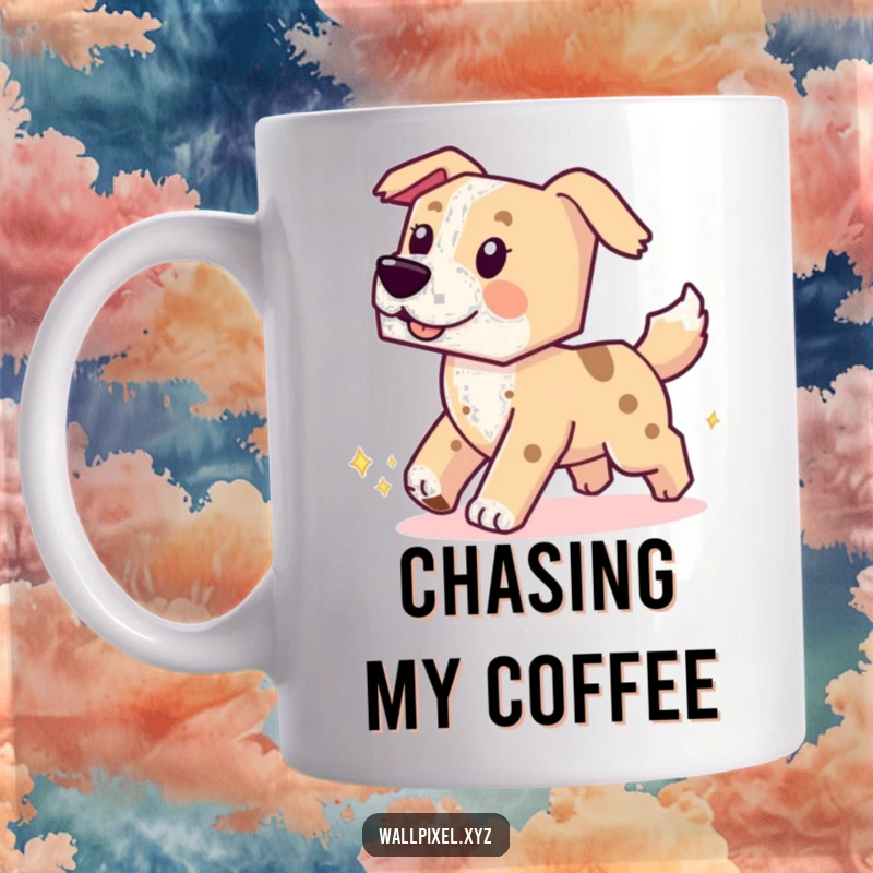 Funny mug with a blocky, pixelated dog gleefully chasing its own tail, leaving a trail of sparkling pixels.