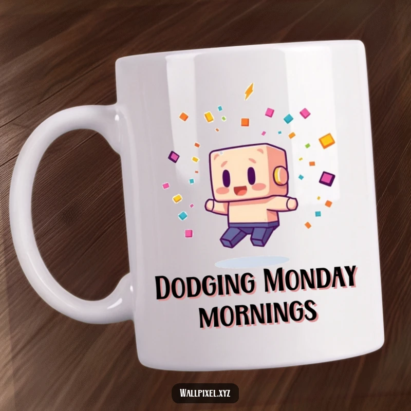 Funny mug showcasing a blocky pixel character comically dodging a shower of pixelated confetti, evoking retro gaming fun.
