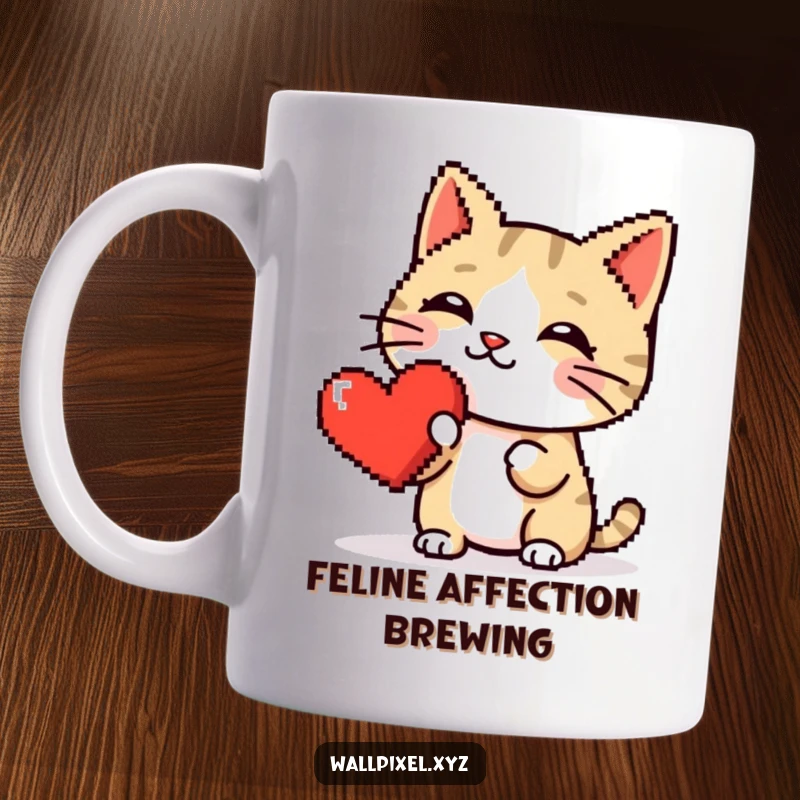 Funny mug depicting a charming pixelated cat gently booping a vibrant, shiny red pixel heart with its nose, full of digital affection.