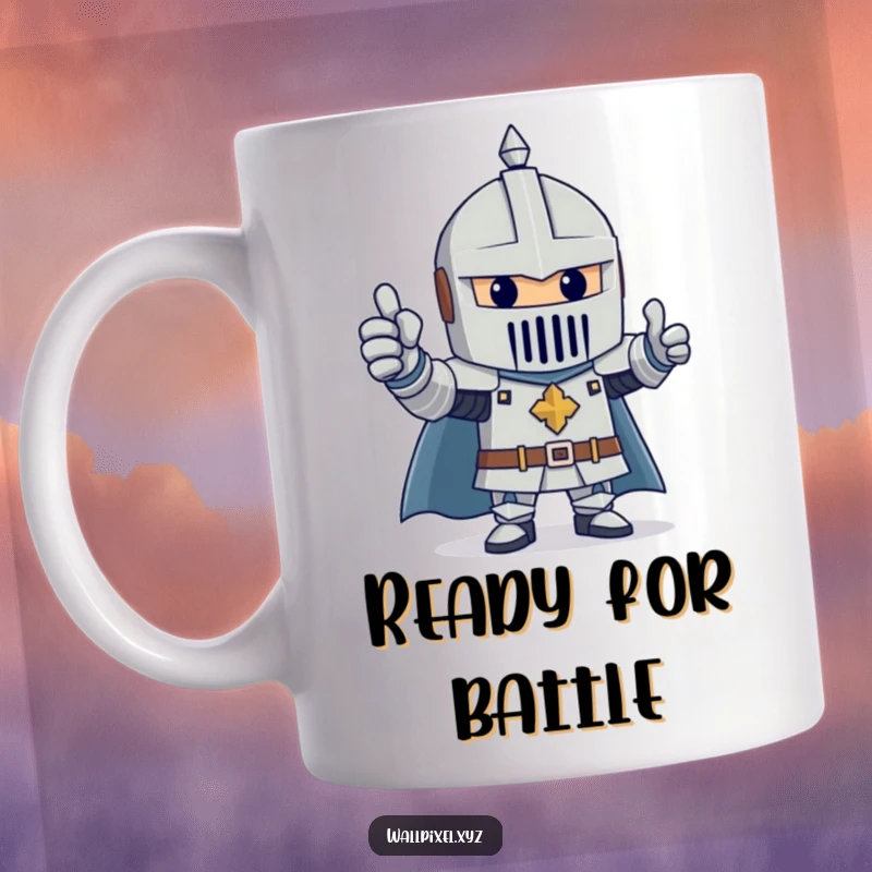 Funny mug featuring a cheerful knight constructed from blocks, giving a happy thumbs up gesture.