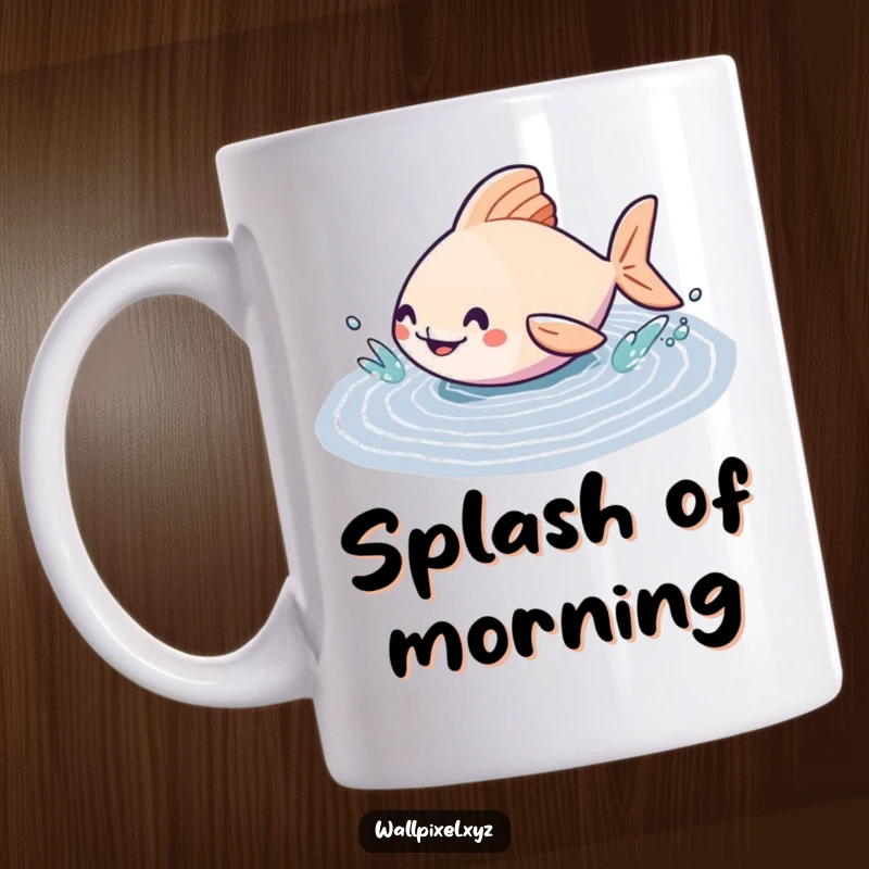 Funny geometric fish character happily splashing in a pixelated puddle, blending modern art with playful pixel elements.