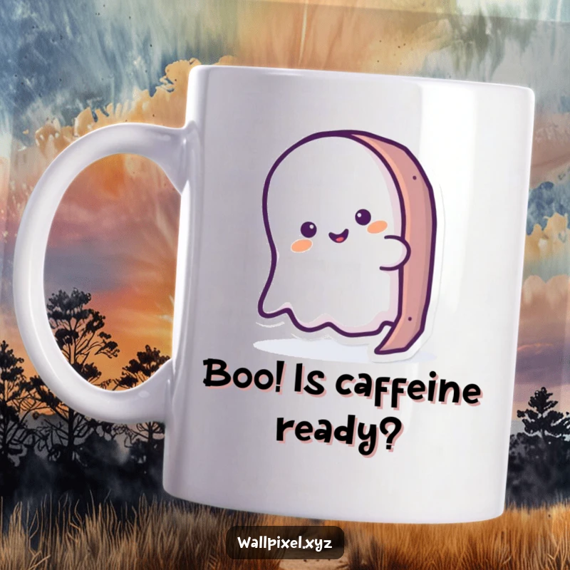 Funny ghost mug with a simplified ghost peeking mischievously from behind a pixelated, retro-style object. Ideal for gamers.