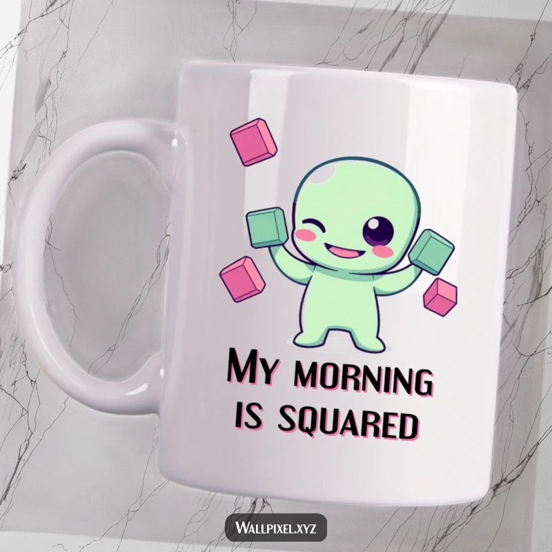 Funny pixel art mug showcasing a grinning pixelated alien character winking while skillfully juggling three floating squares, celebrating retro gaming and alien themes.