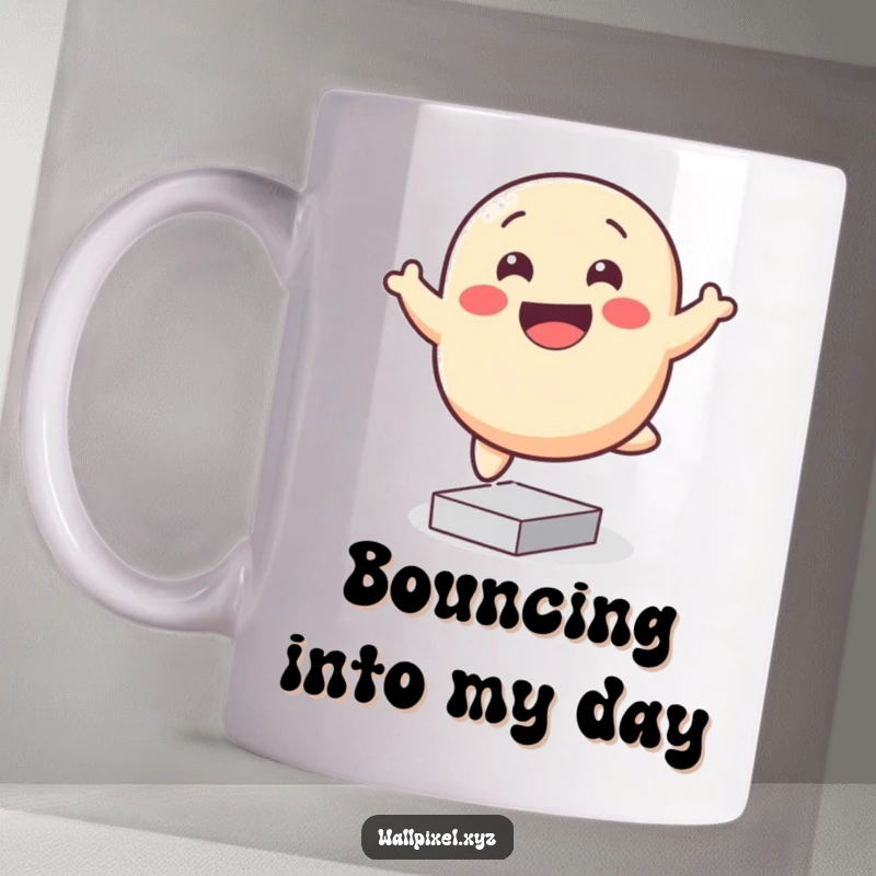 Funny pixelated blob mug, smiling and bouncing happily on square pixels, perfect for cheerful vibes and pixel art fans.