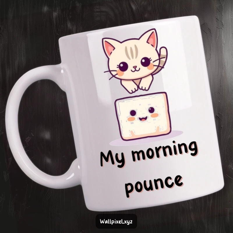 Funny mug featuring a pixelated cat leaping playfully over a small, smiling square block, a cute and energetic scene.