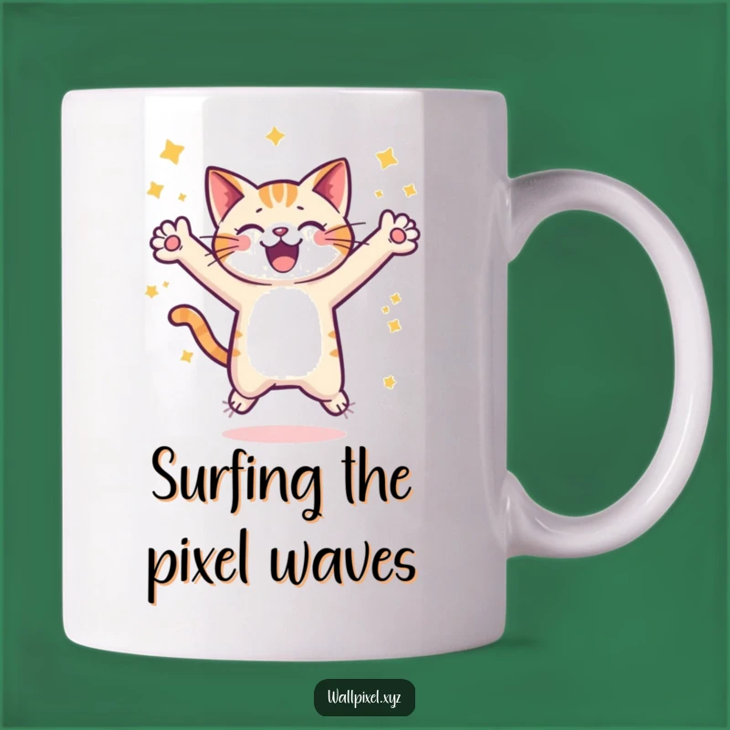 Funny Pixel Cat Leaping Mug: Retro Gaming Fun, Perfect Gift for Gamers