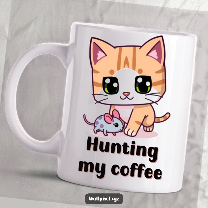 Funny blocky cat mug, with exaggerated pixel eyes, chasing a pixelated mouse, perfect for cat lovers and gamers.