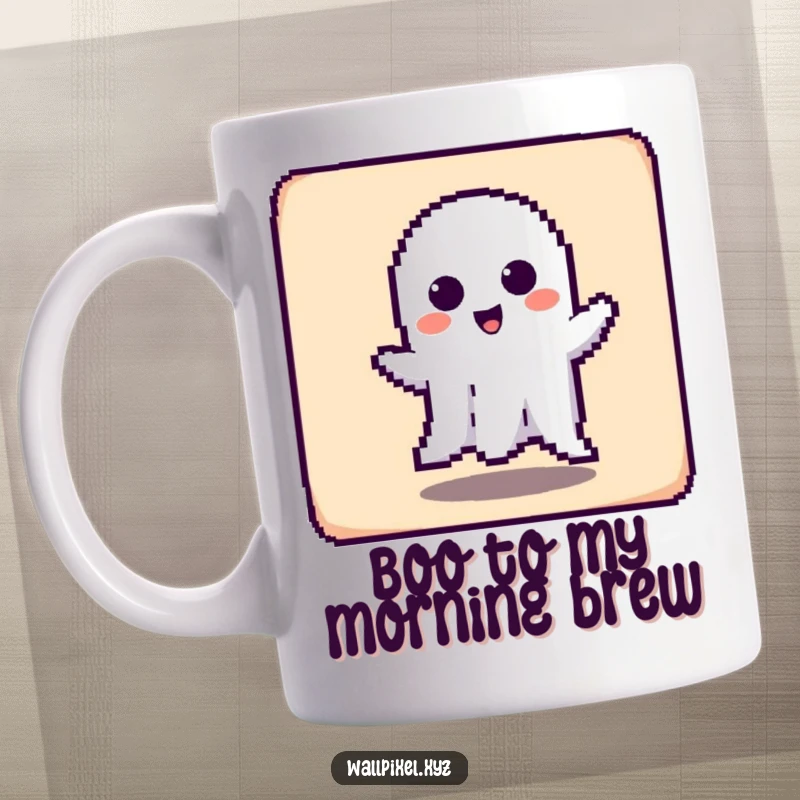Funny mug featuring a pixelated ghost character playfully haunting a square block, evoking retro gaming and spooky fun.