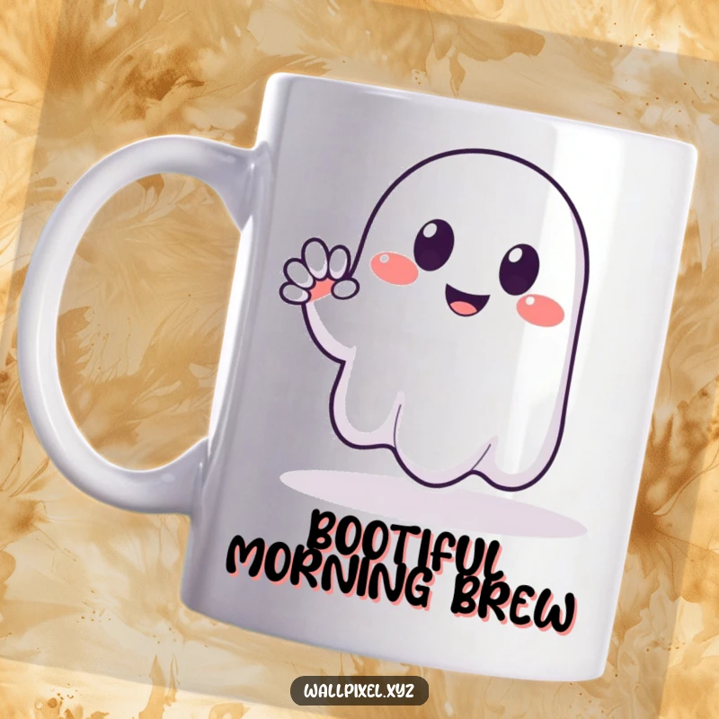 Funny mug featuring a smiling pixelated ghost giving a blocky, friendly wave, radiating harmless, retro charm.