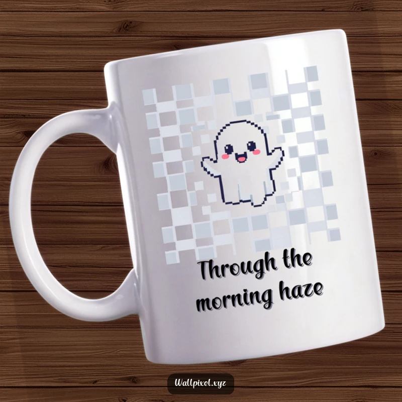 Funny pixelated ghost mug, joyfully phasing through a checkerboard wall, perfect for retro gaming fans and humor seekers.