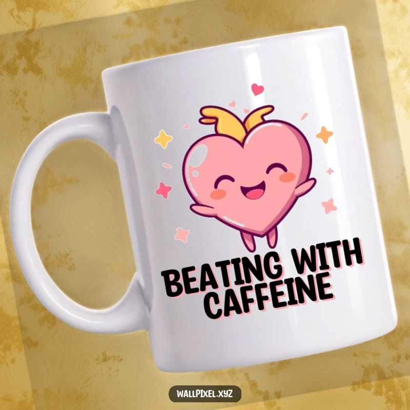 Funny pixel heart mug with a joyful character pulsing rhythmically with happiness, radiating love and pixelated charm.
