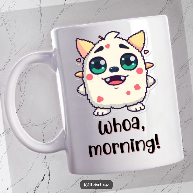 Funny pixelated monster mug with wide, blocky eyes, expressing comical surprise and delight in a retro gaming style.