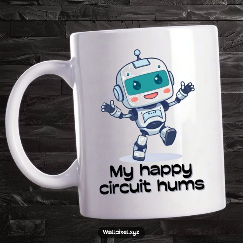 Funny mug featuring a pixelated robot character performing a happy, clumsy dance, radiating joyful, robotic energy.