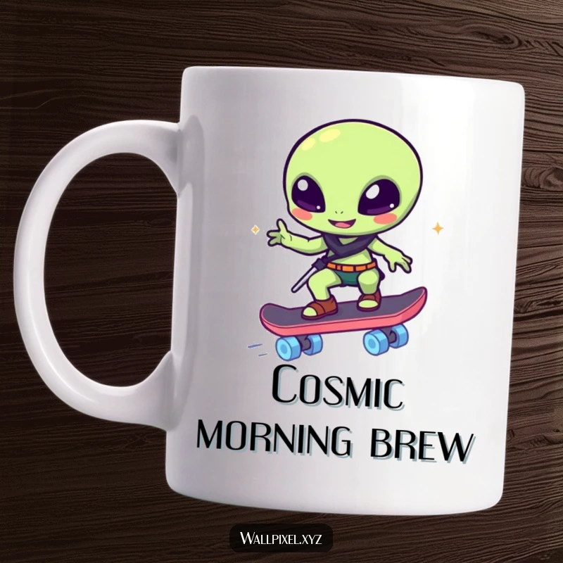 Funny mug: A pixelated alien winks while riding a glowing block skateboard, a cool and humorous sci-fi design.