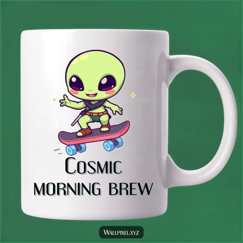 Funny Pixelated Alien Skater Mug - A Cool and Humorous Gift for Sci-Fi Fans!