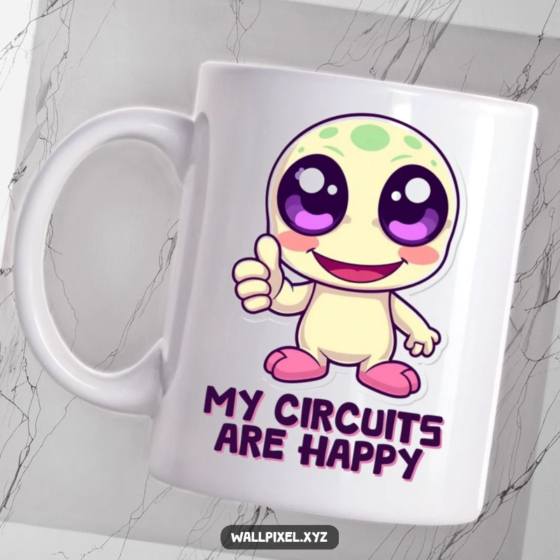 Funny pixelated alien character with big pixel eyes laughing and giving a thumbs up. Retro gaming humor for mugs.