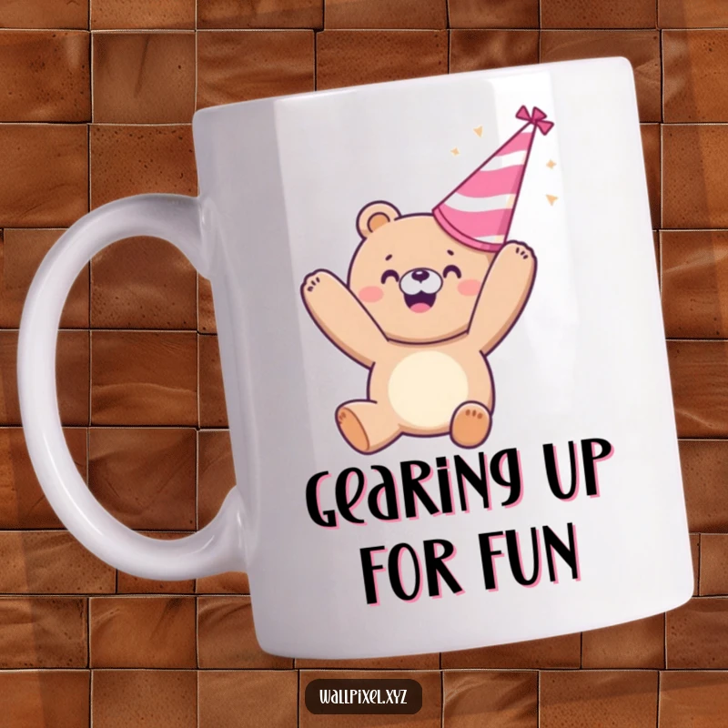 Funny mug: A pixelated bear joyfully tosses a party hat in the air, a celebration of digital happiness.