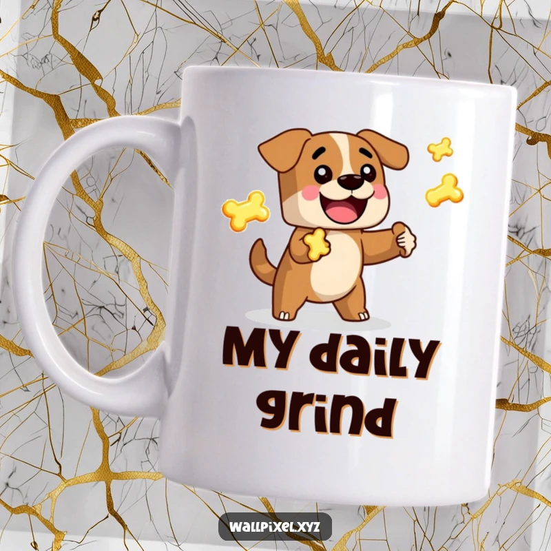 Funny Pixelated Dog Mug: A blocky, happy dog character in retro 8-bit style, gleefully juggling glowing pixelated bones, perfect for gamers.