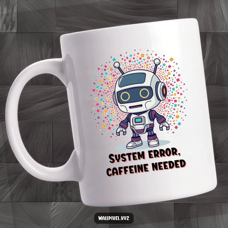 Funny Retro Robot Pixel Mug: A retro robot character looks surprised by an explosion of tiny, colorful pixels.