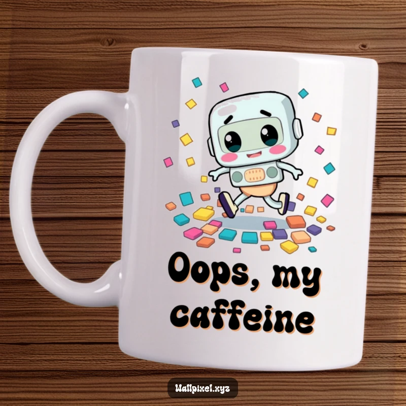 Funny mug featuring a retro character tripping awkwardly, scattering colorful squares, a relatable and humorous mishap.