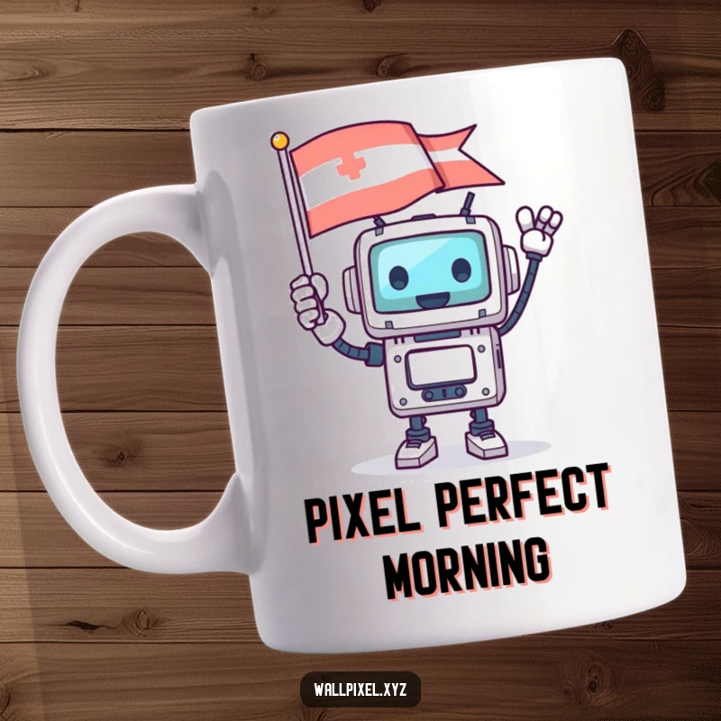 Funny square robot character joyfully waving a pixelated flag, with a happy expression, on a mug.