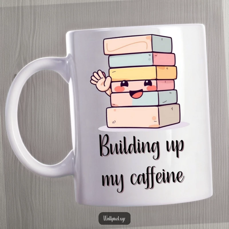 Funny mug featuring a smiling, wobbly stack of colorful building blocks waving hello with pure enthusiasm.