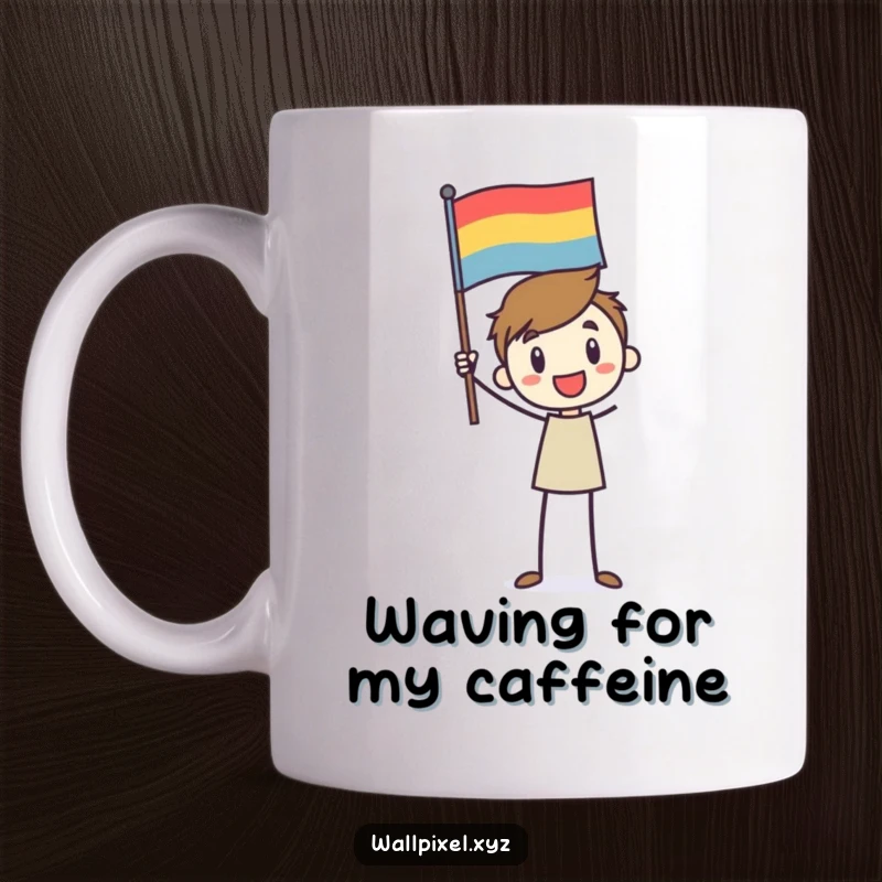 Funny mug featuring a stick figure character enthusiastically waving a pixelated flag, symbolizing celebration and simple joy.