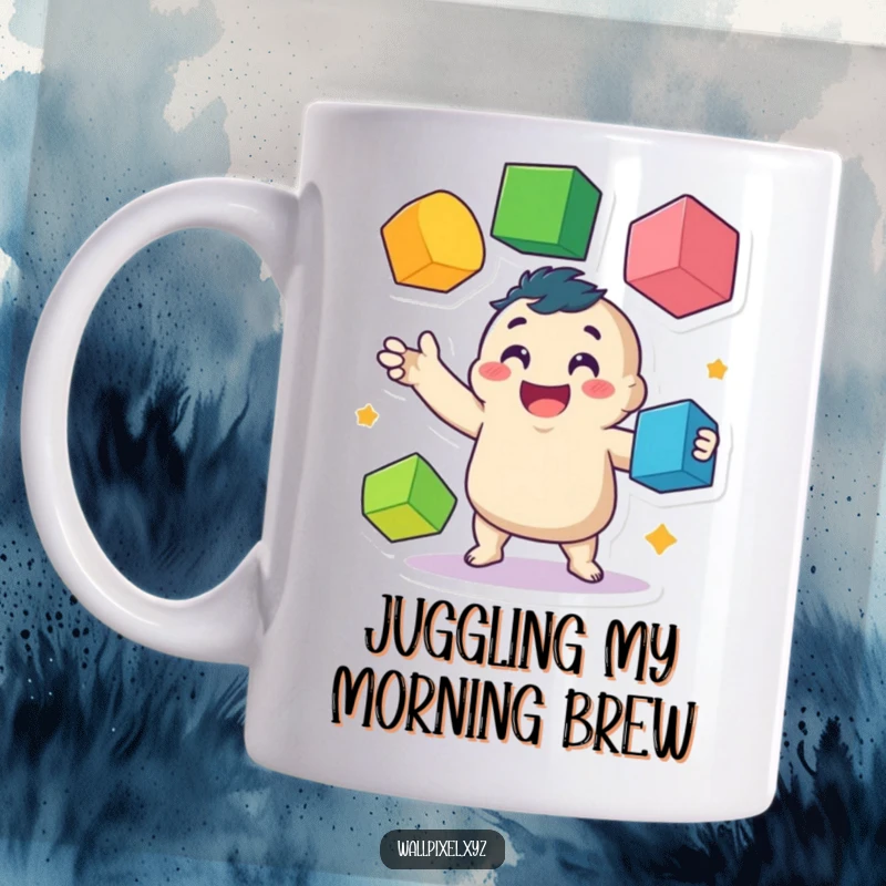 Funny mug depicting a happy, wobbly pixelated character in mid-air, skillfully juggling several brightly colored cubes with enthusiasm.