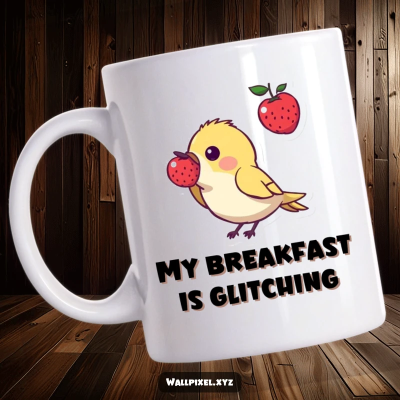 Funny pixel art mug featuring a small, angular bird character playfully pecking at a single floating pixelated berry, evoking a sense of retro gaming charm.