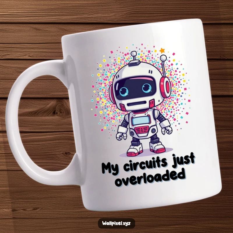 Funny mug: A retro robot looks shocked as colorful pixels burst around it, a humorous digital surprise.