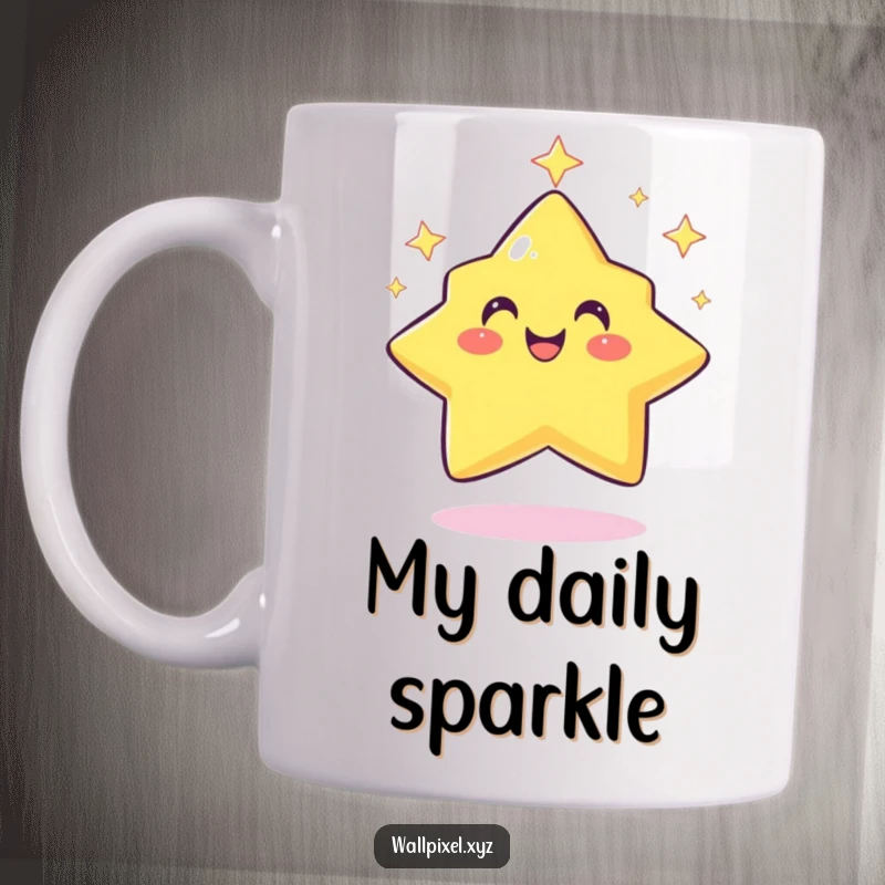 Funny pixel star mug with a smiling, retro character twinkling rhythmically, evoking digital nostalgia and cheerful energy.