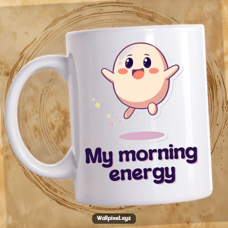 Funny mug showing a pixelated blob character joyfully bouncing, leaving a trail of bright, colorful pixels behind.