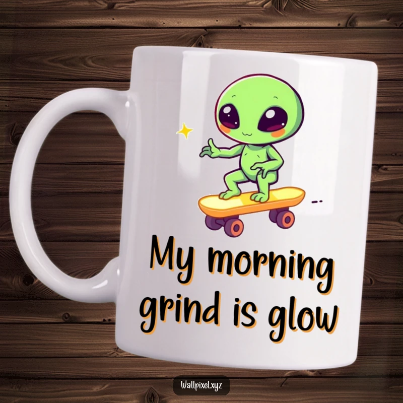 Funny pixel alien winking on a block skateboard, retro gaming inspired mug design, humorous and unique.