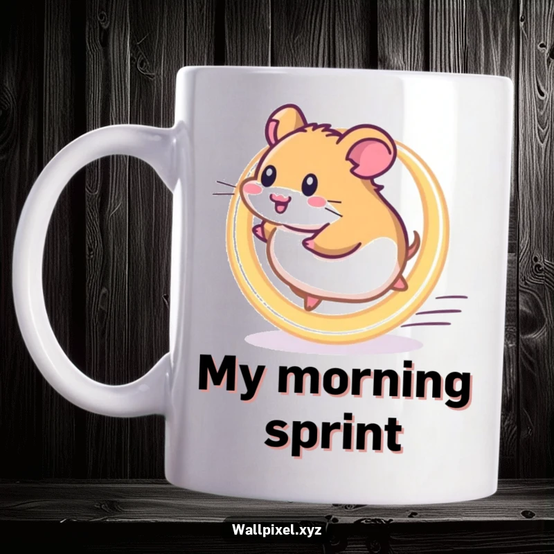 Funny Pixel Hamster Mug: A pixelated hamster energetically runs on a glowing wheel, symbolizing constant motion and fun.
